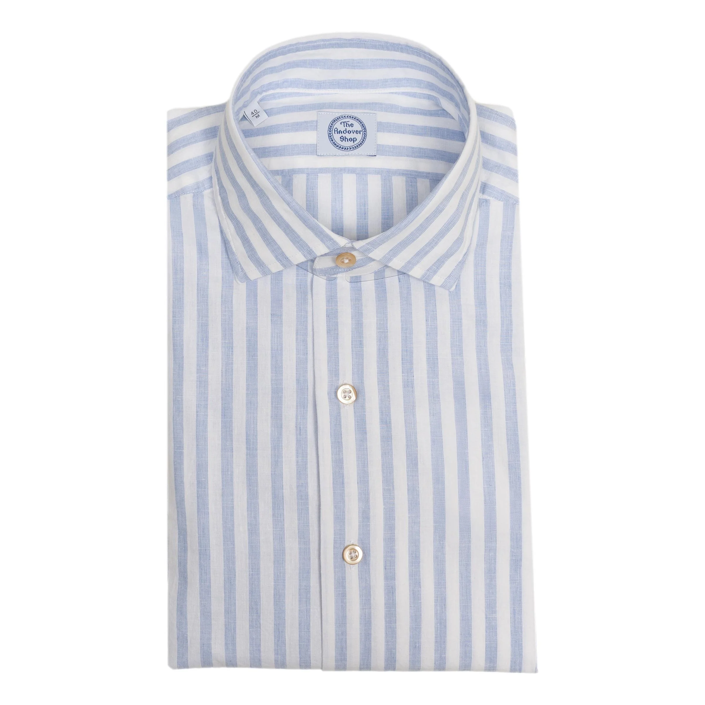 Blue and White Stripe Linen and Cotton Blend Trim Fit Spread Collar Sport Shirt