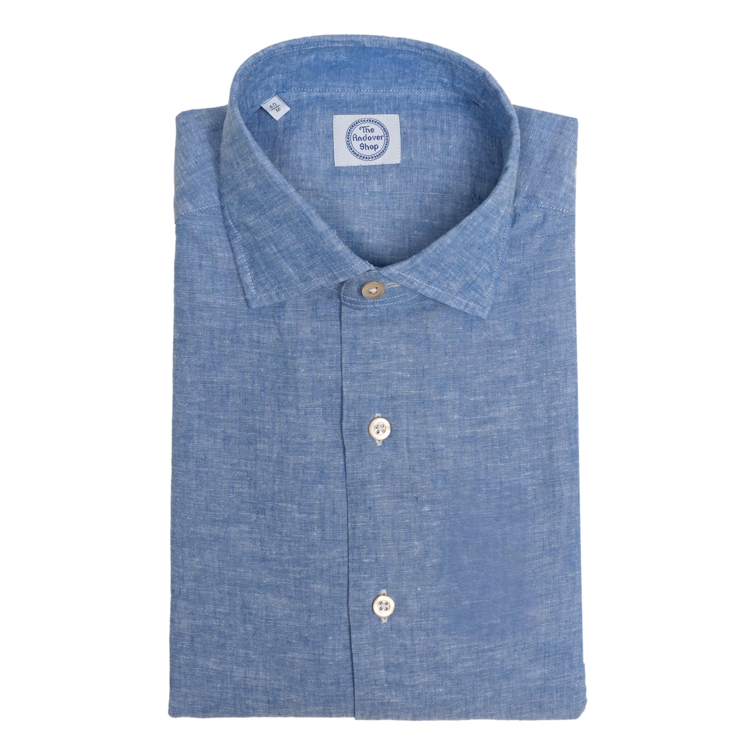 Blue Chambray Linen and Cotton Blend Trim Fit Spread Collar Sport Shirt