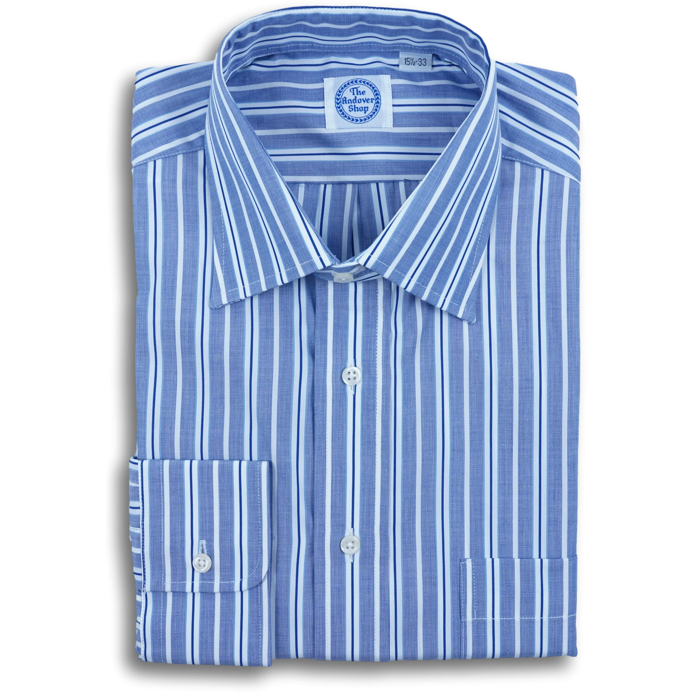 Blue End-on-End with Alternating Cluster Stripes Spread Collar Dress Shirt