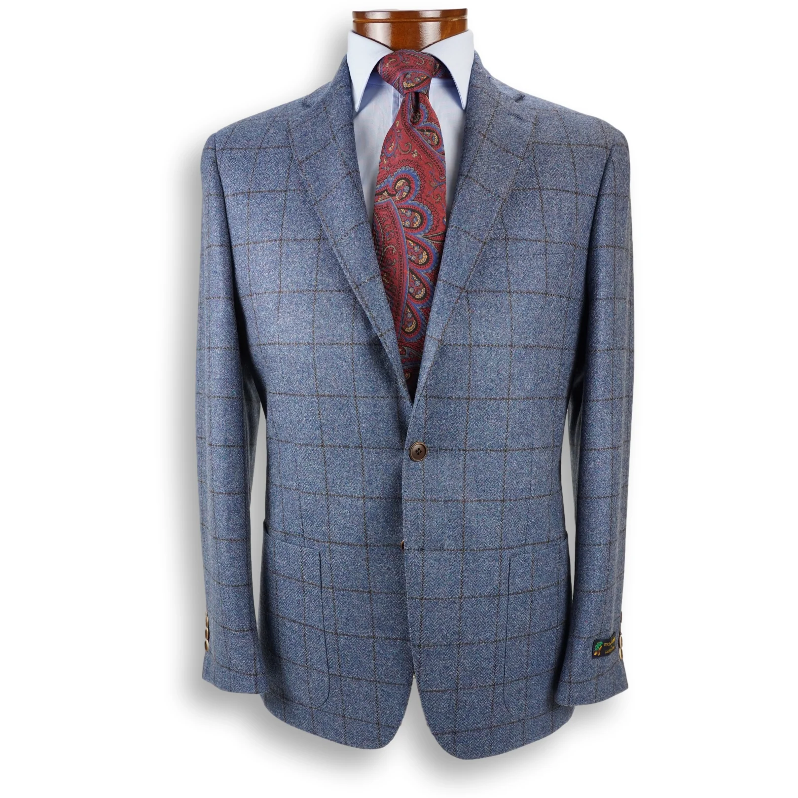 Blue with Brown Windowpane Wool and Cashmere Blend Sport Coat