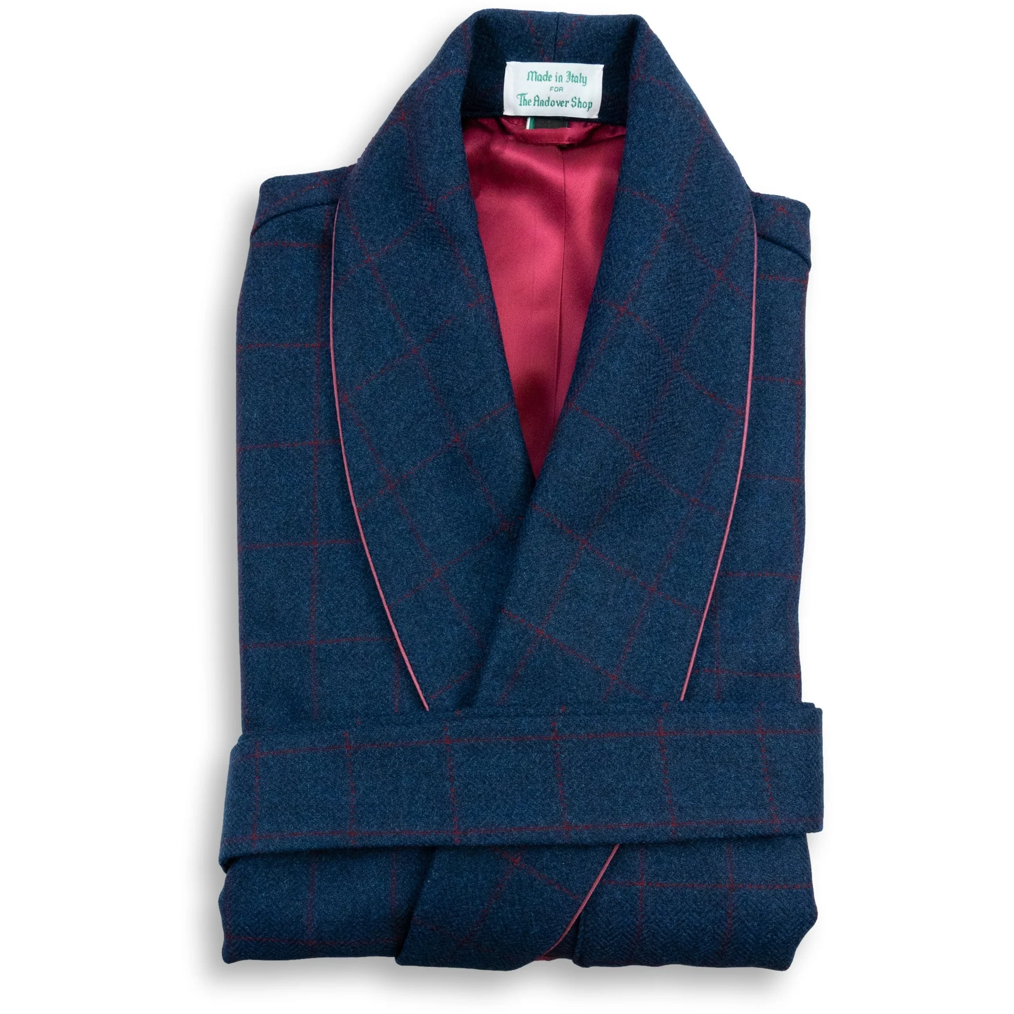 Blue with Red Windowpane Cashmere and Wool Blend Dressing Gown