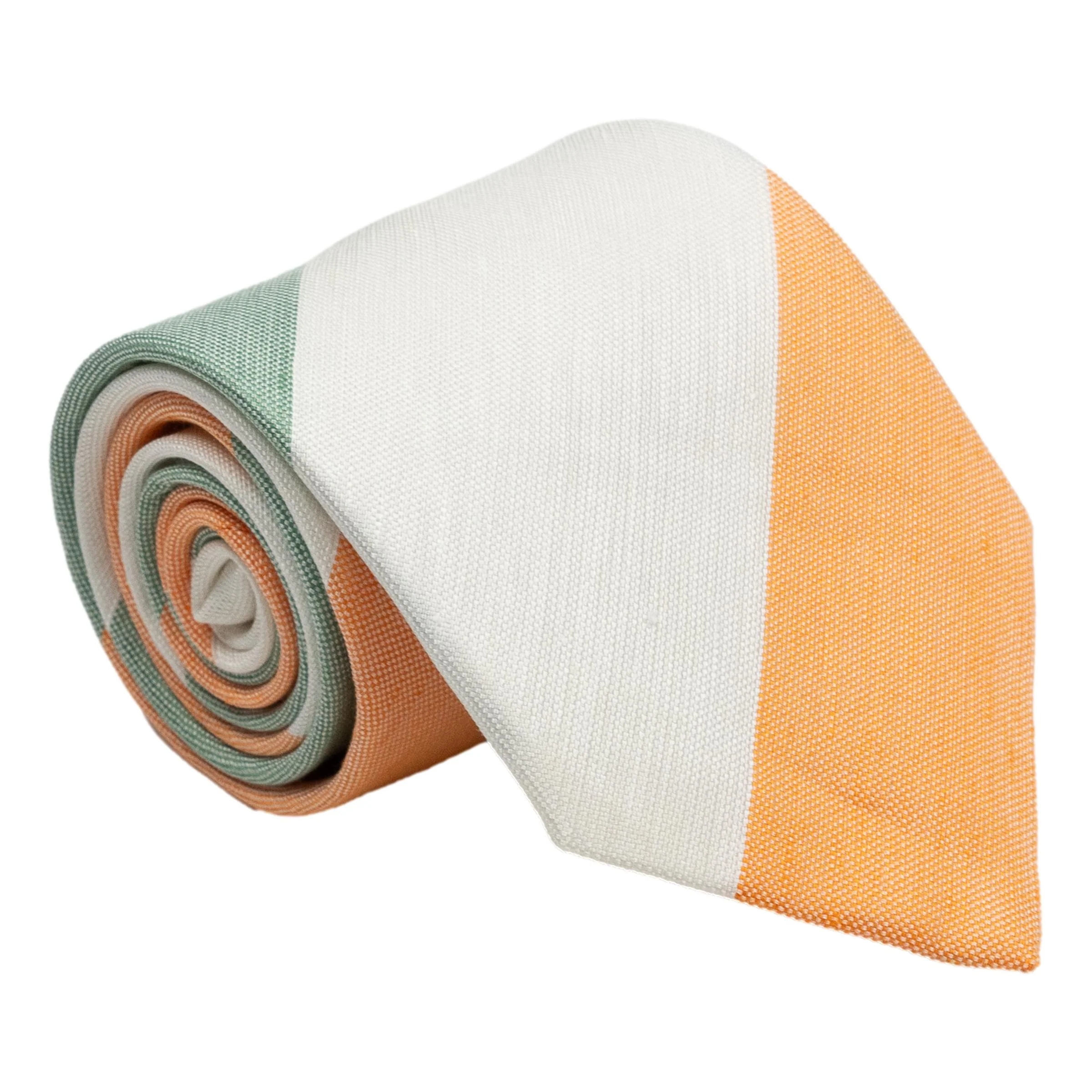 White, Light Orange, and Light Green Block Stripe Silk and Linen Tie