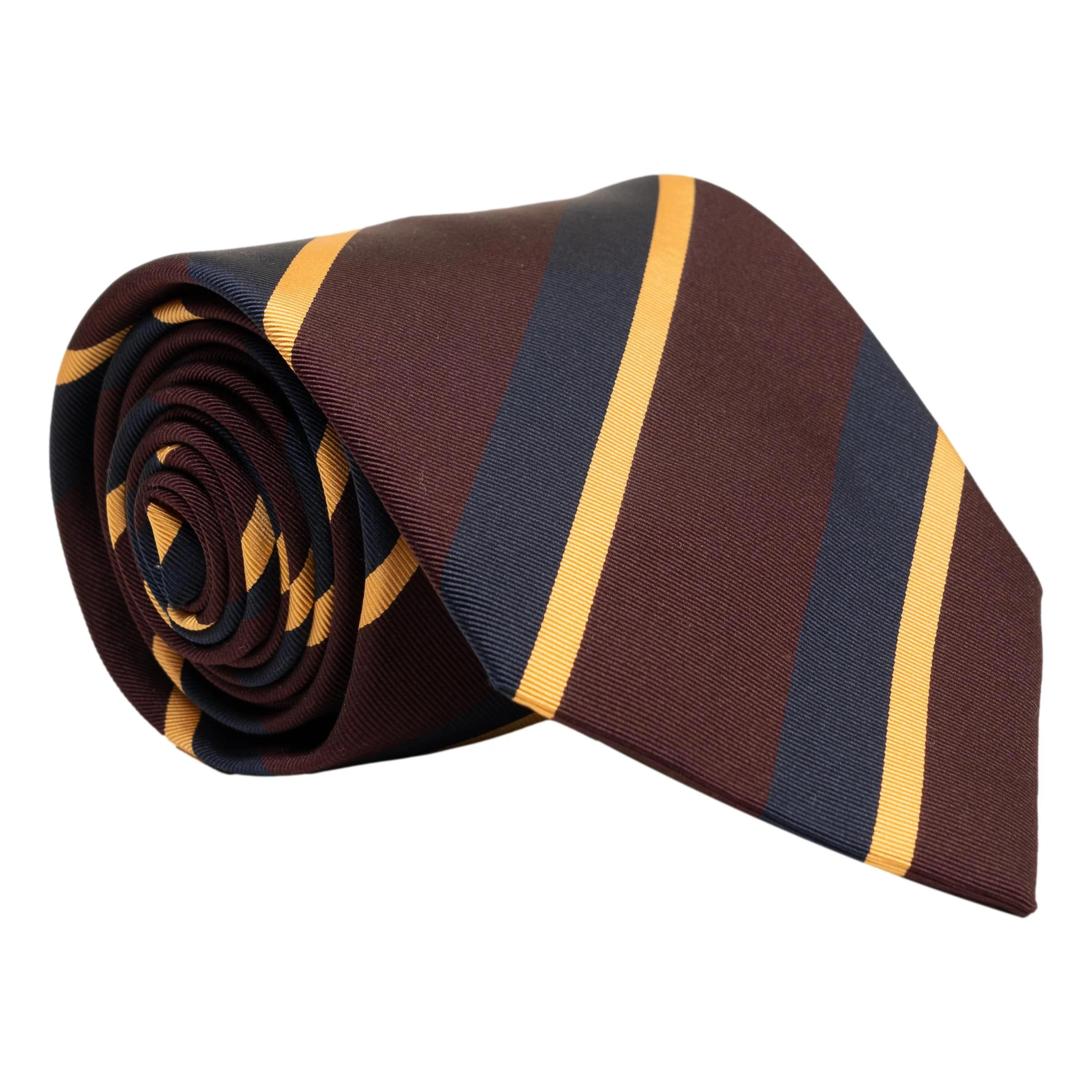 Deep Merlot with Gold and Navy Repp Stripe Silk Tie