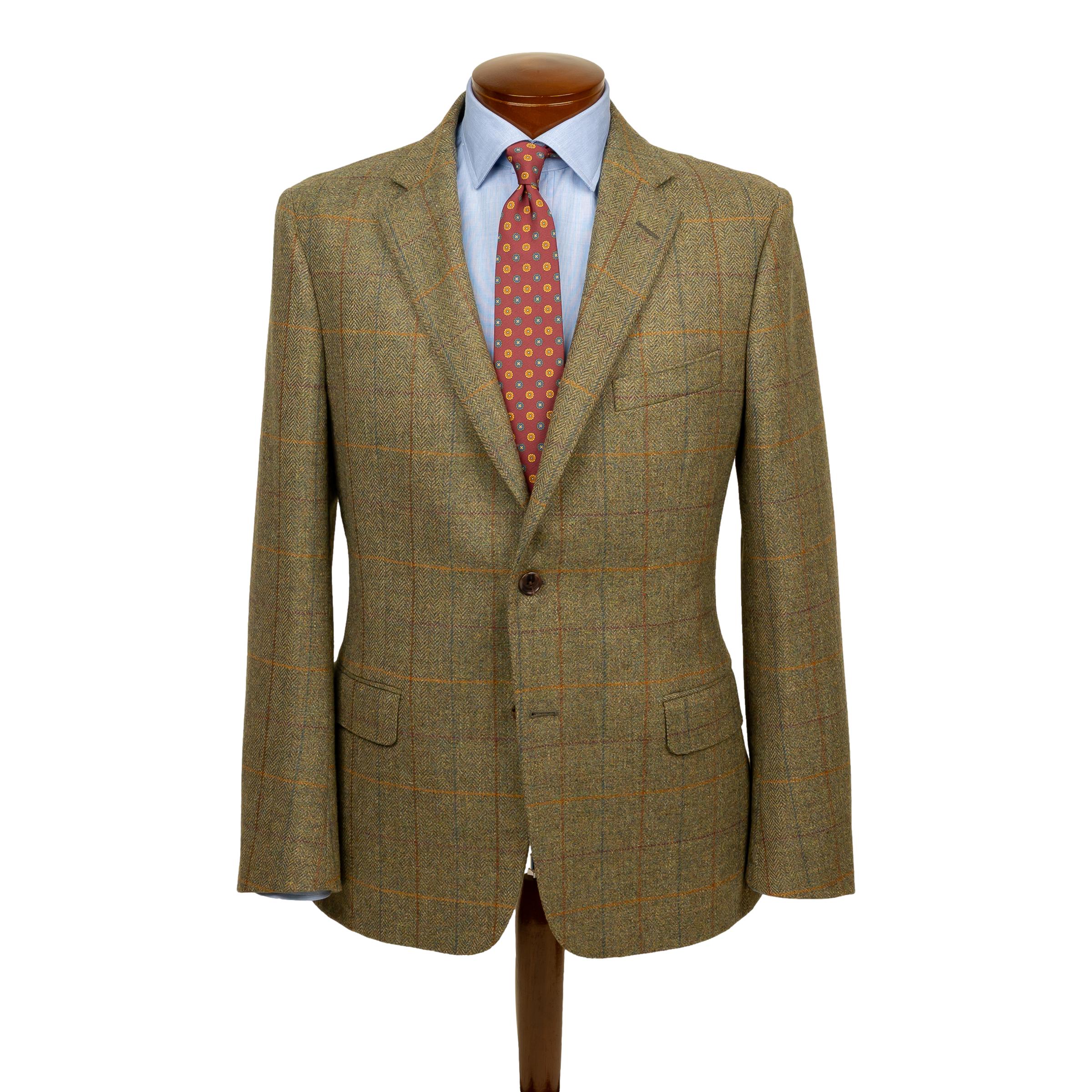 Green with Ochre, Rust, Blue, and Iris Windowpane Lovat Tweed Sport Coat