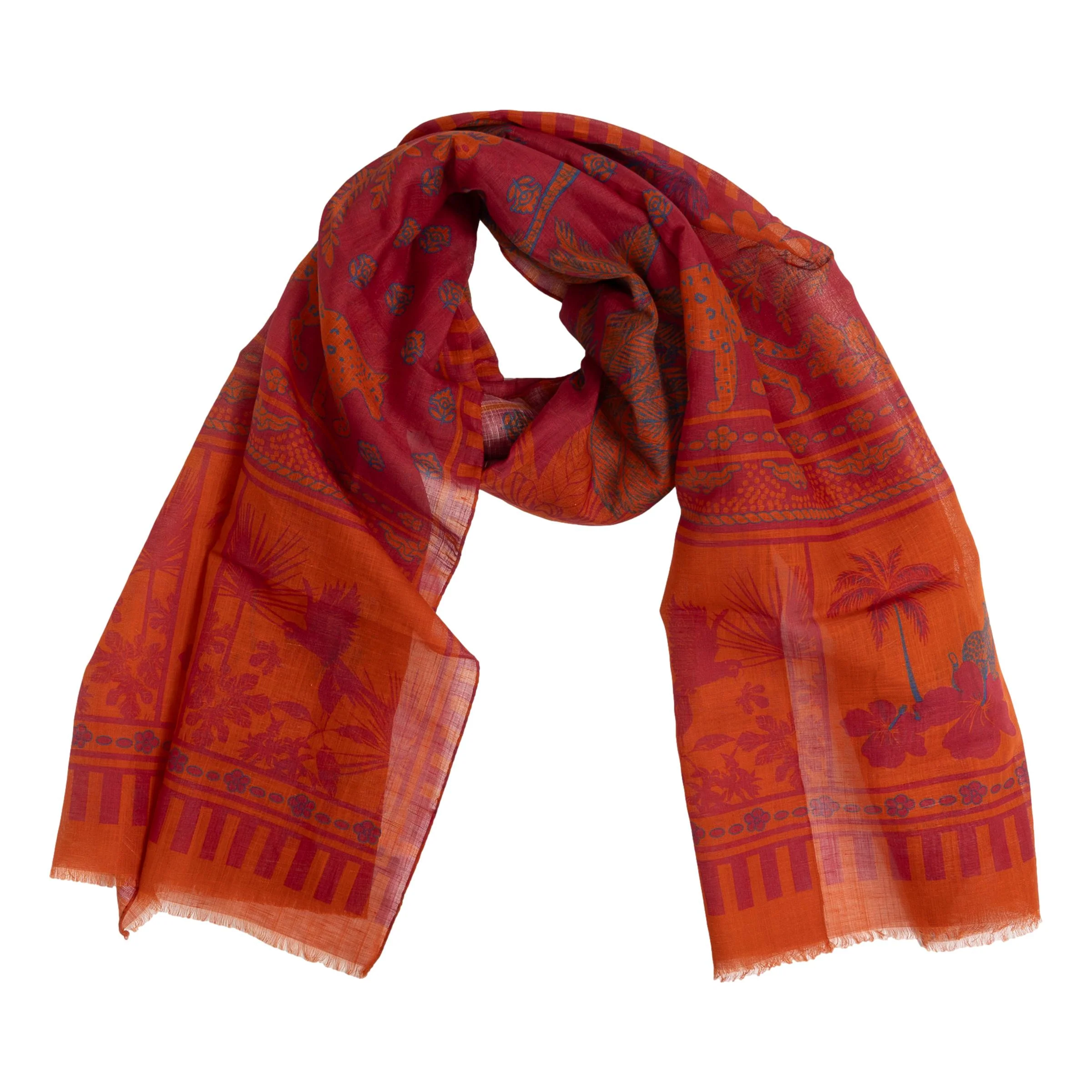 Leopard and Parrot Cotton and Linen Blend Scarf