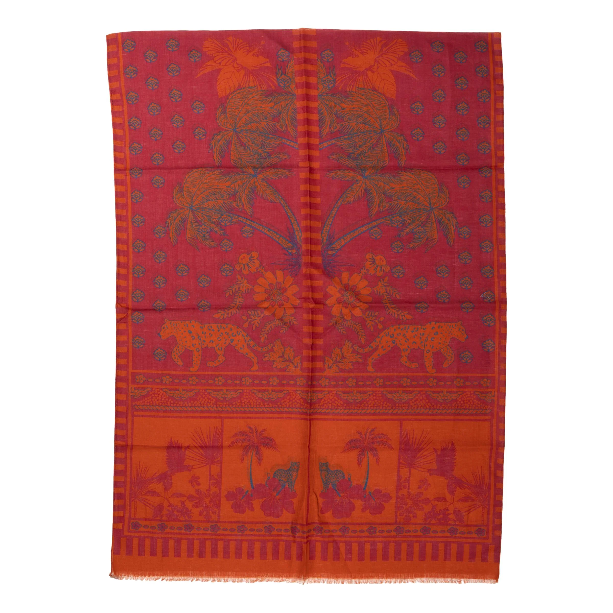 Leopard and Parrot Cotton and Linen Blend Scarf - Image 3