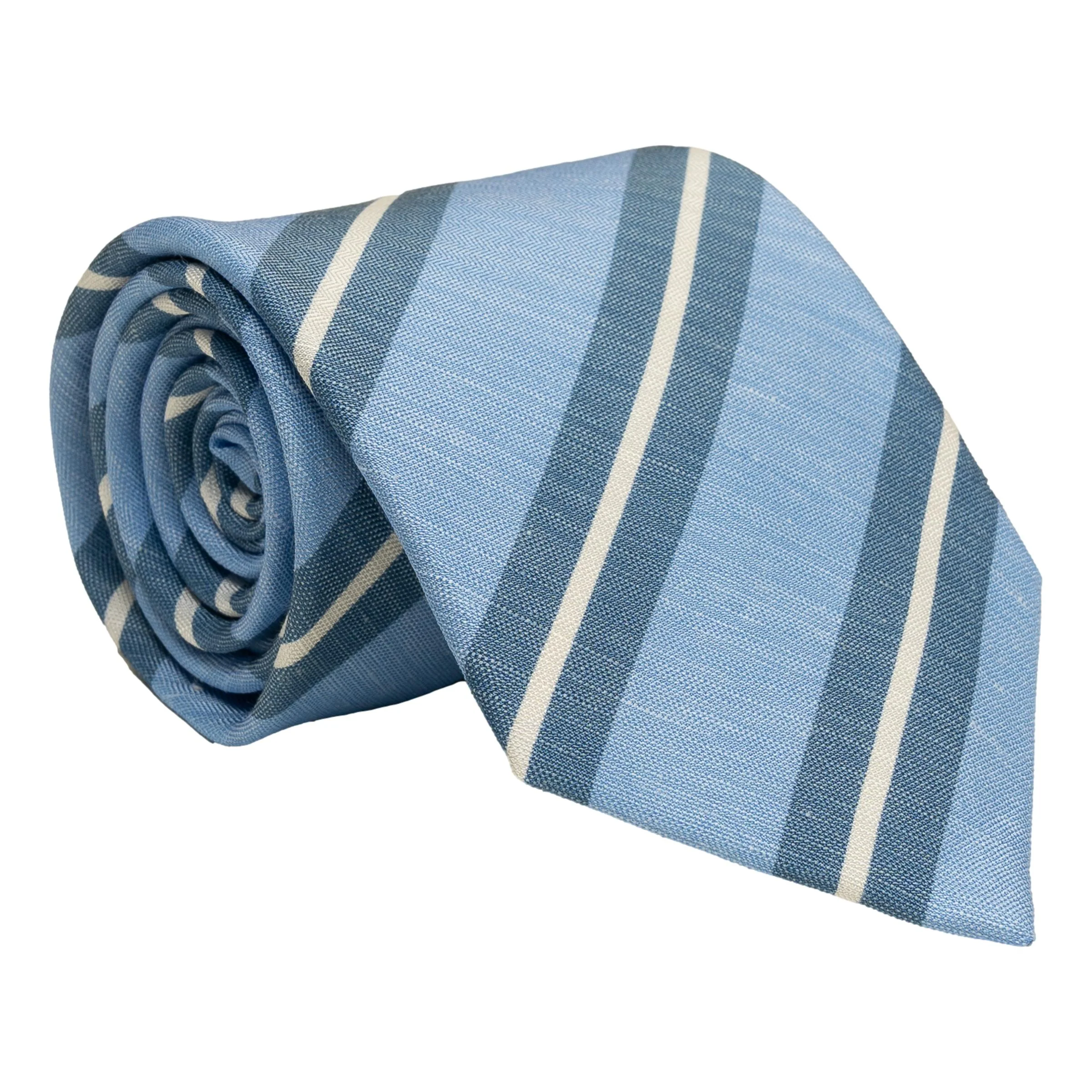 Light Blue and White Repp Stripe Silk and Linen Tie