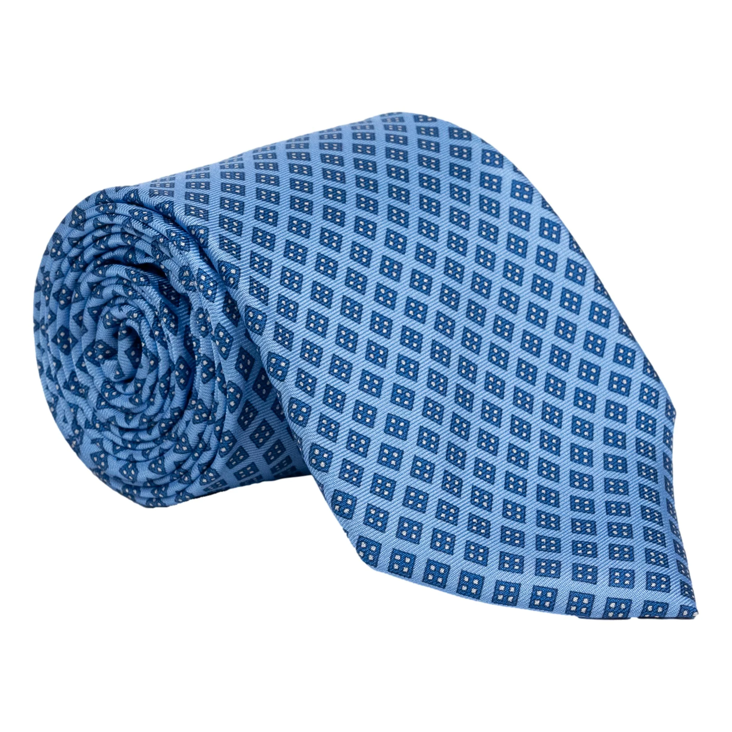 Light Blue Diamond with White Dots Pattern Silk Tie - Image 2