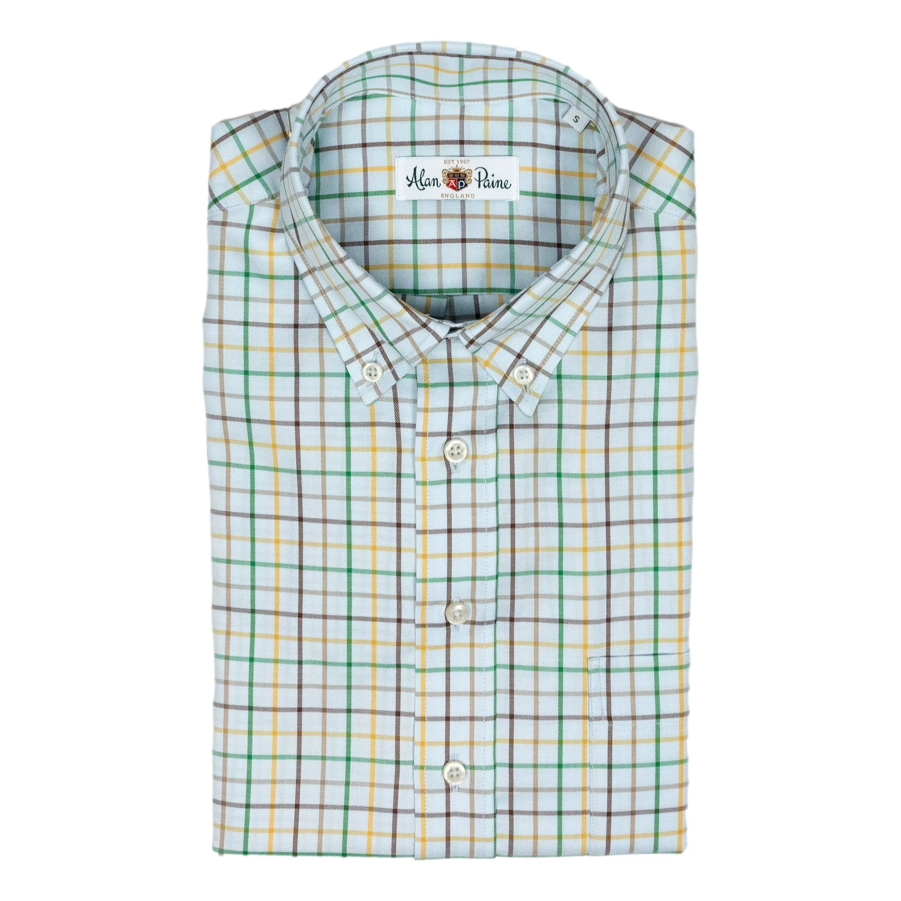 Light Blue Ground with Brown, Gold, and Green Tattersall Button Down Sport Shirt
