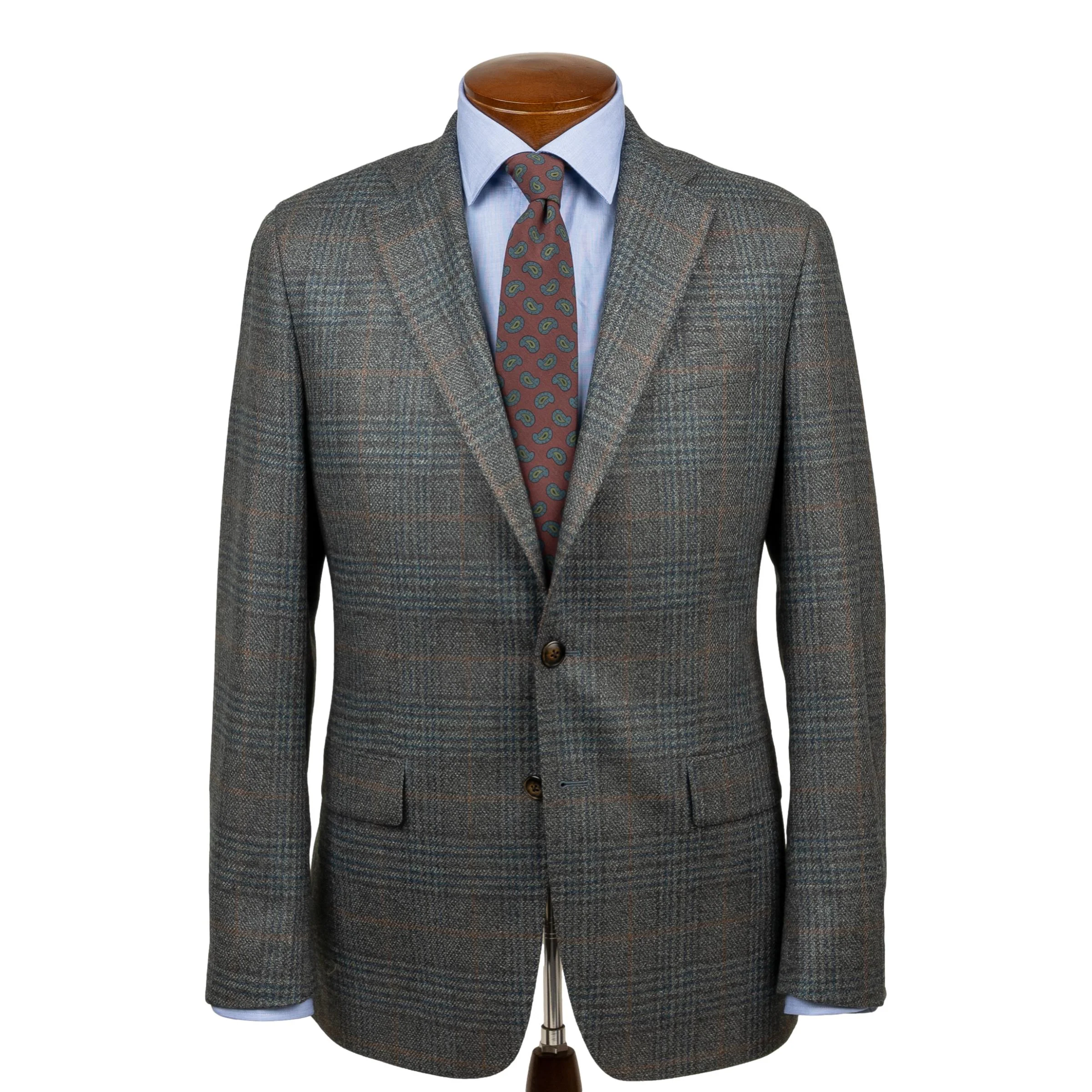 Light Olive and Blue Plaid with Light Copper Windowpane Wool and Silk Sport Coat