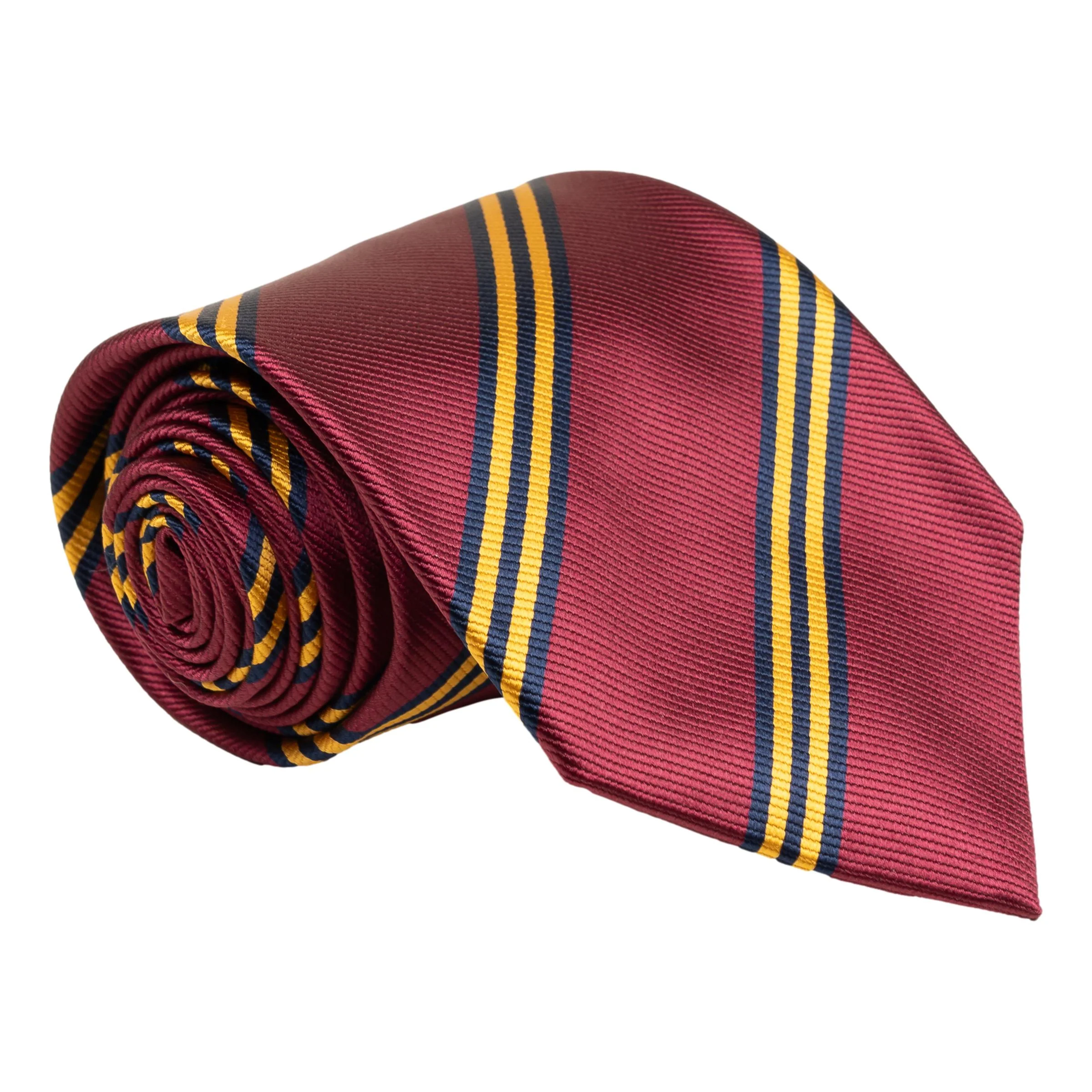 Maroon, Navy, and Gold Regimental Repp Stripe Silk Tie
