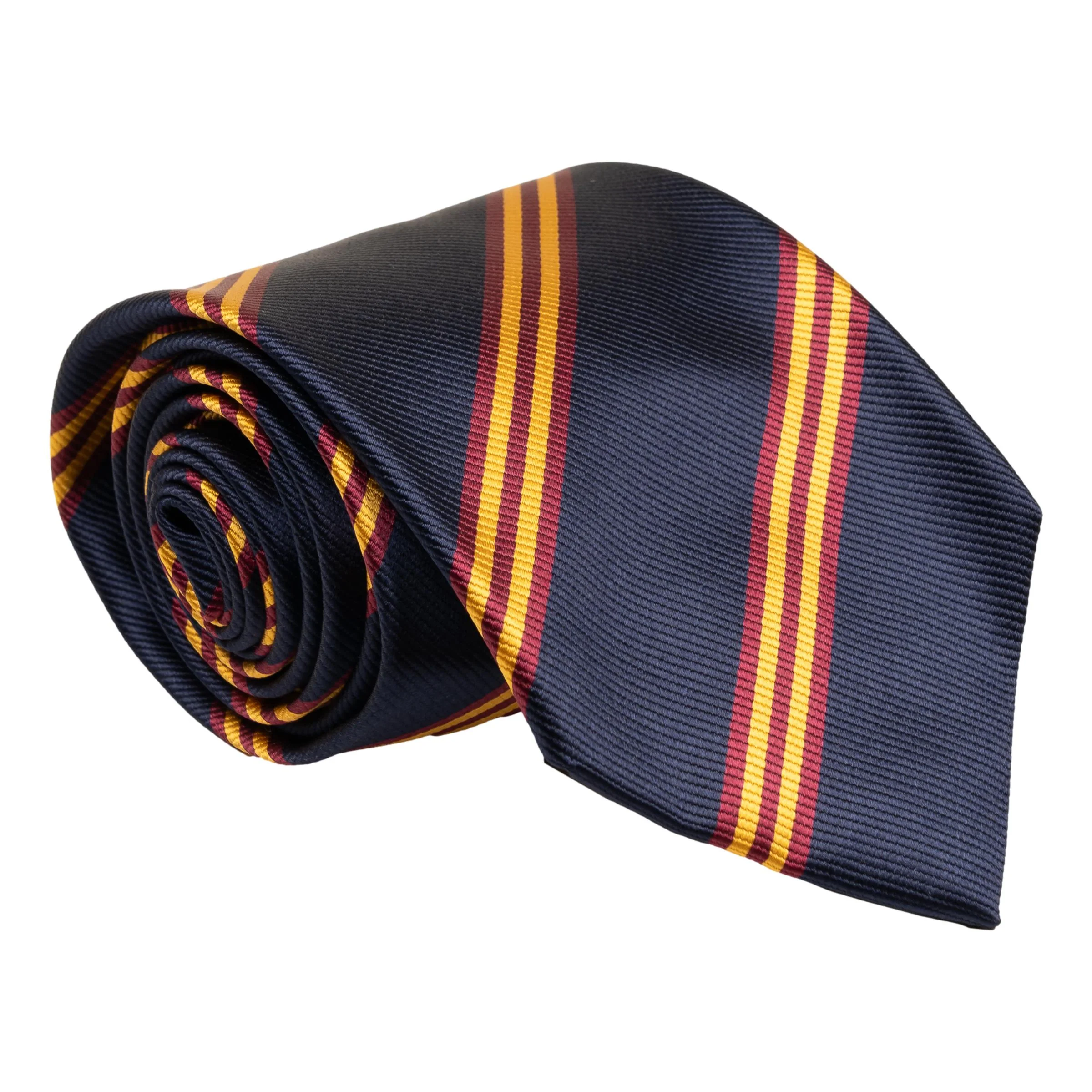 Navy, Maroon, and Gold Regimental Repp Stripe Silk Tie