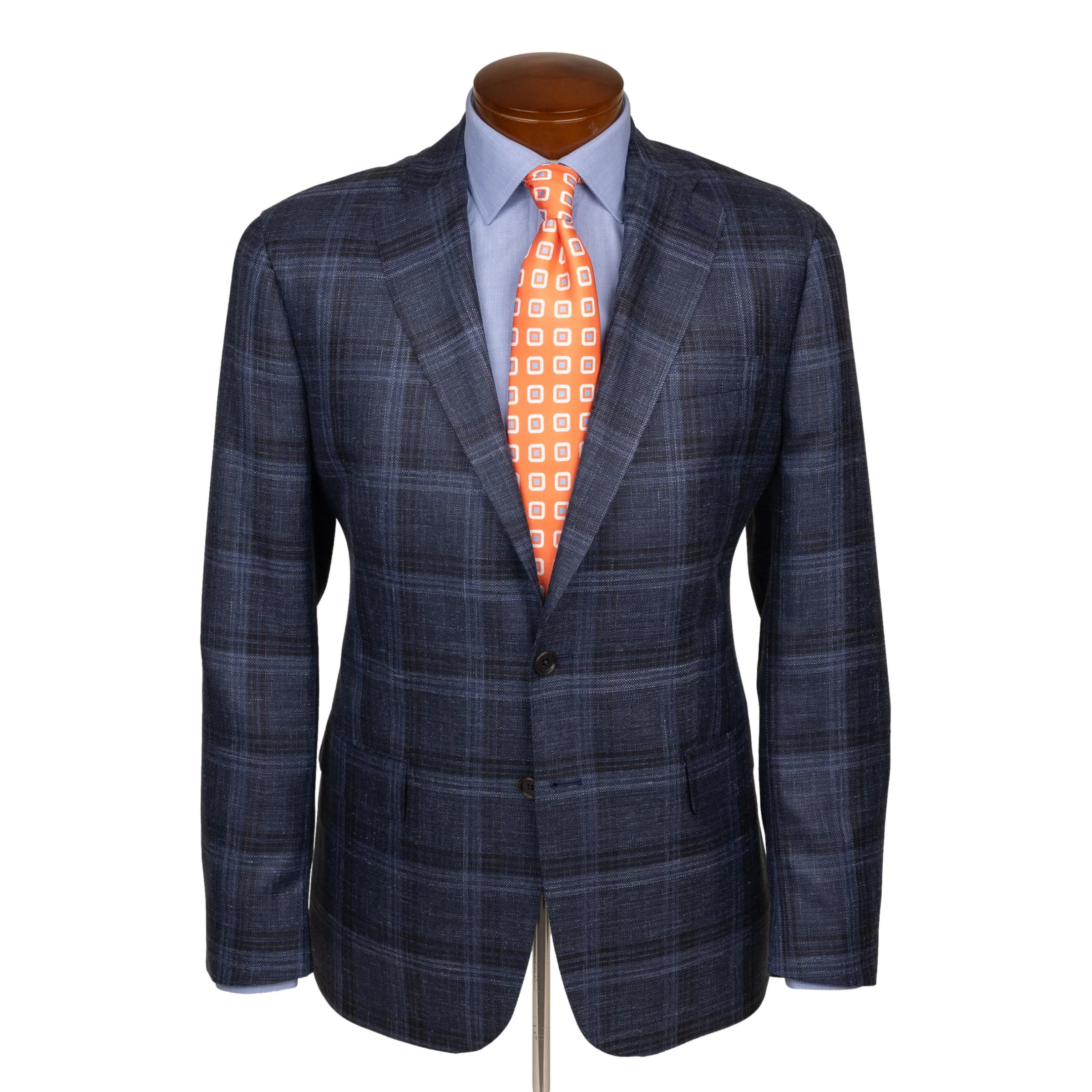Navy Plaid Wool, Silk, and Linen Sport Coat
