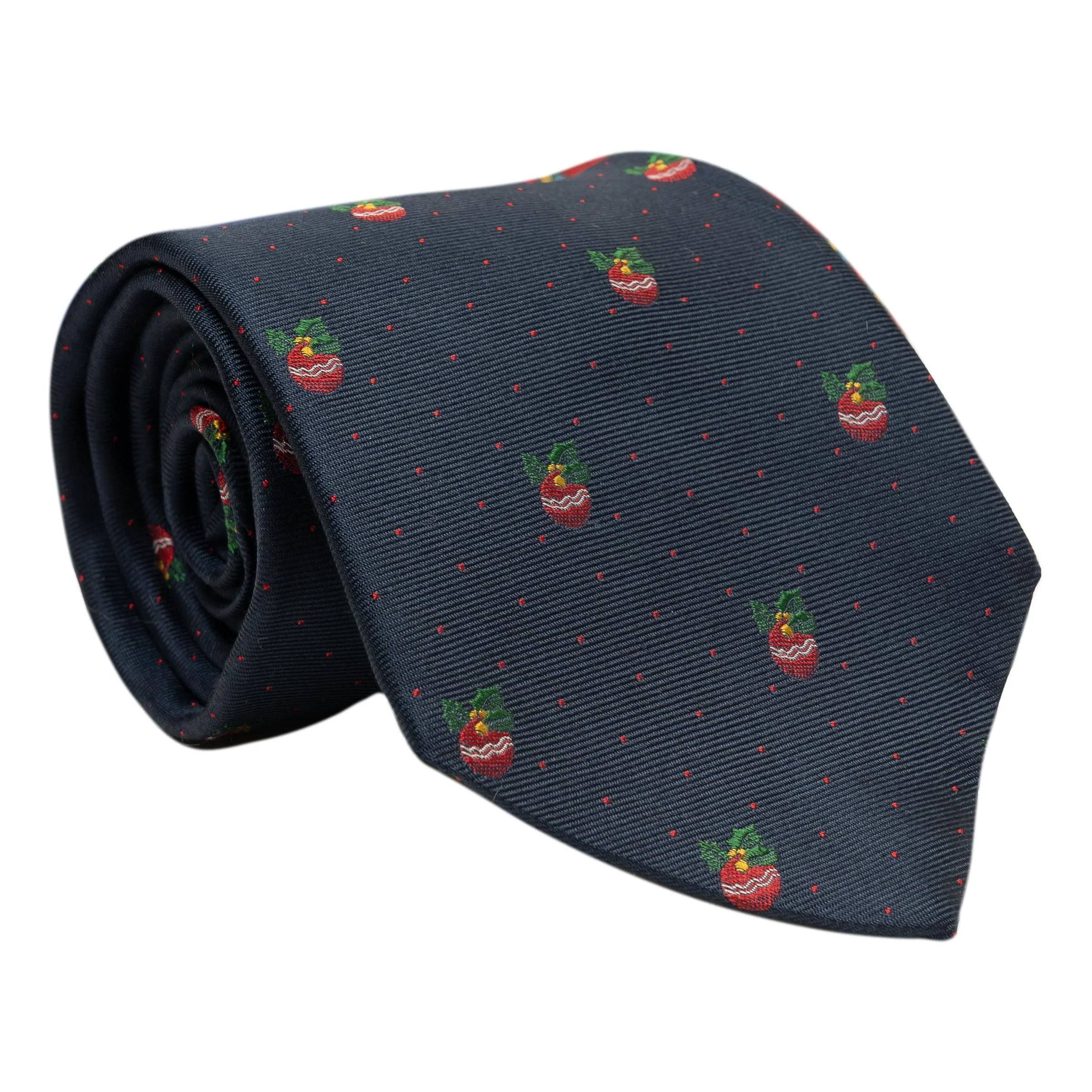 Navy Silk Tie with Red Christmas Ornament
