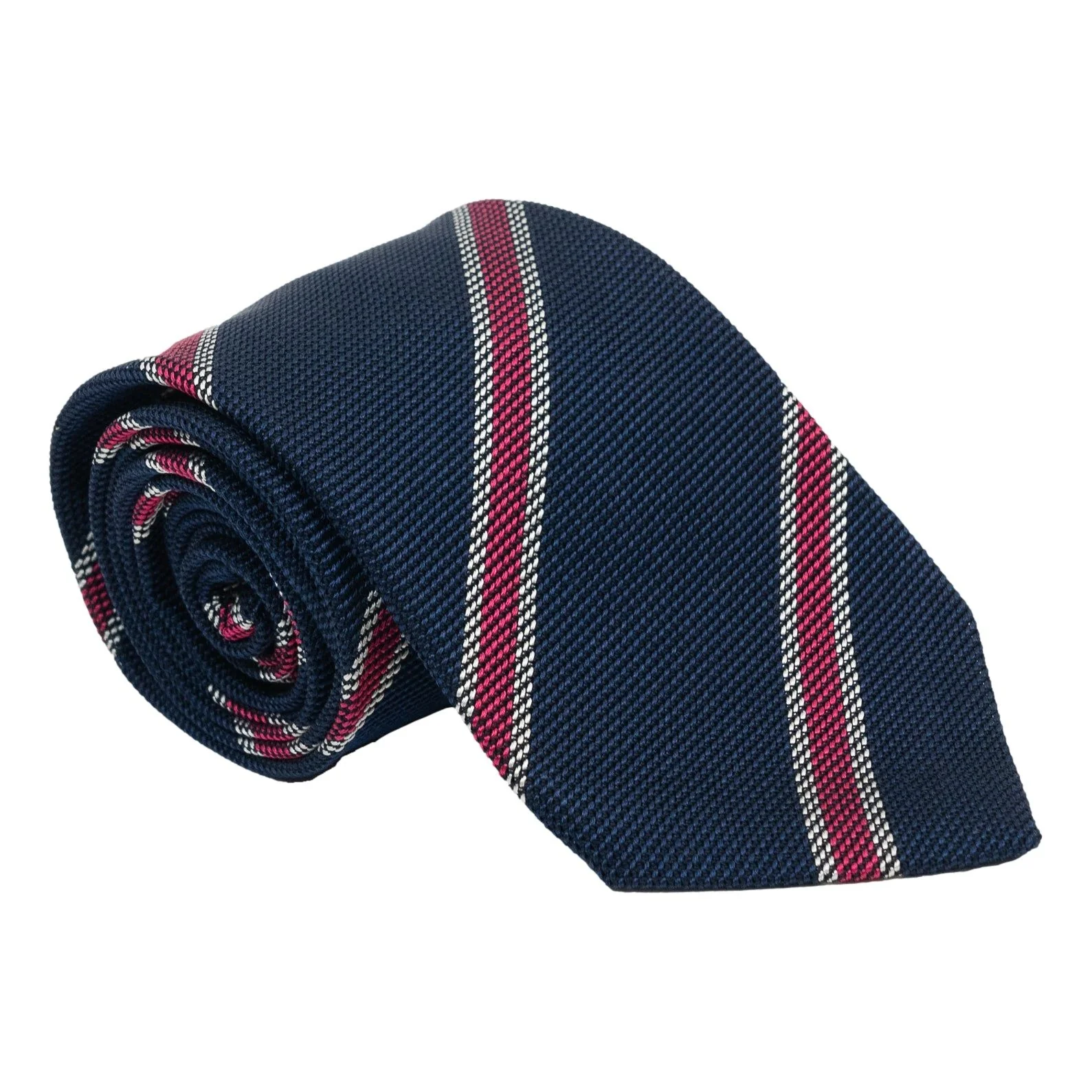 Navy with Cranberry and Silver Repp Stripe Silk Tie