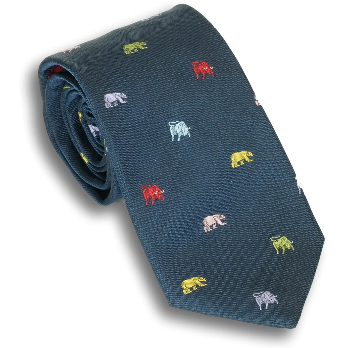Navy with Multicolored Bear and Bull Silk Tie