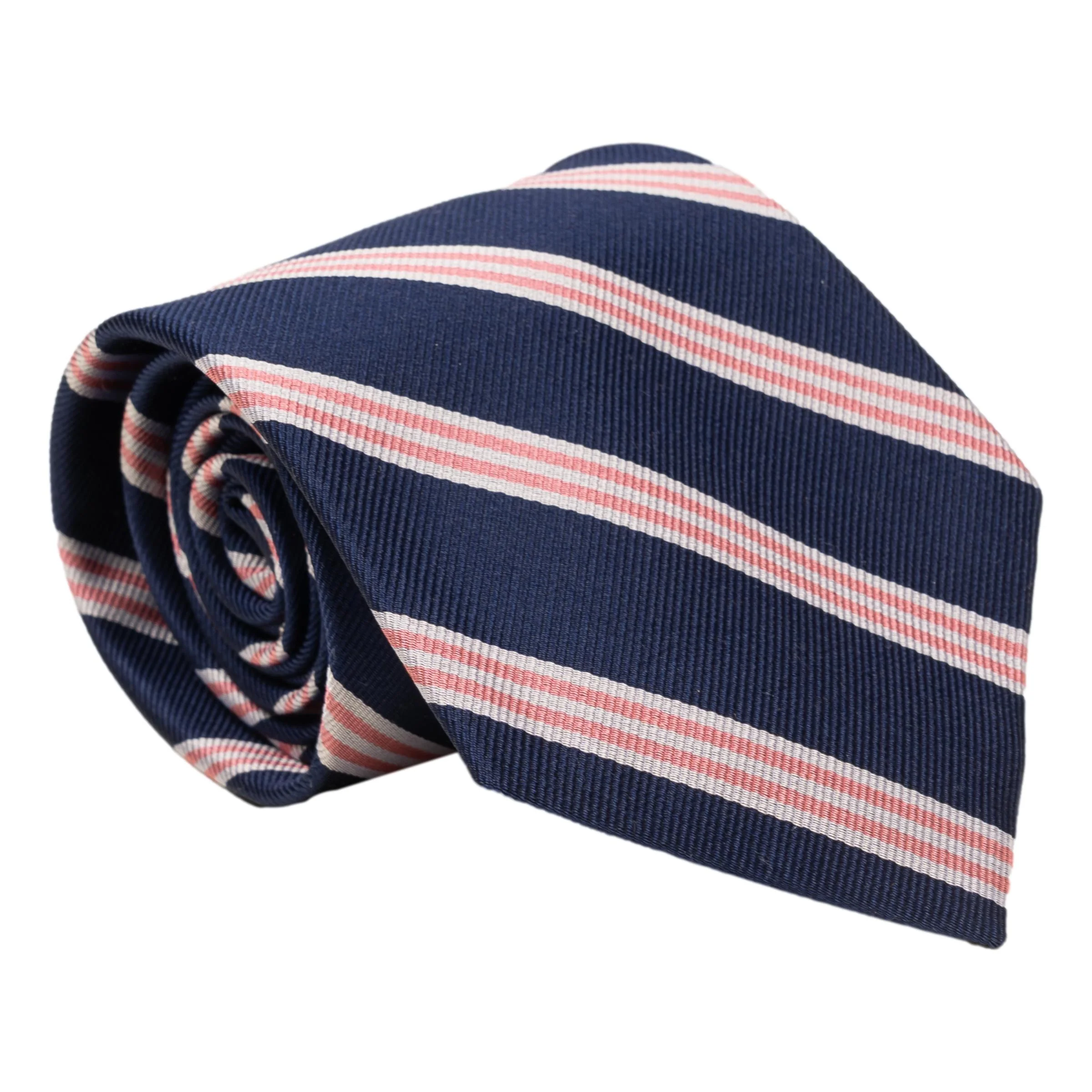 Navy with Pink and Silver Regimental Stripe Silk Tie