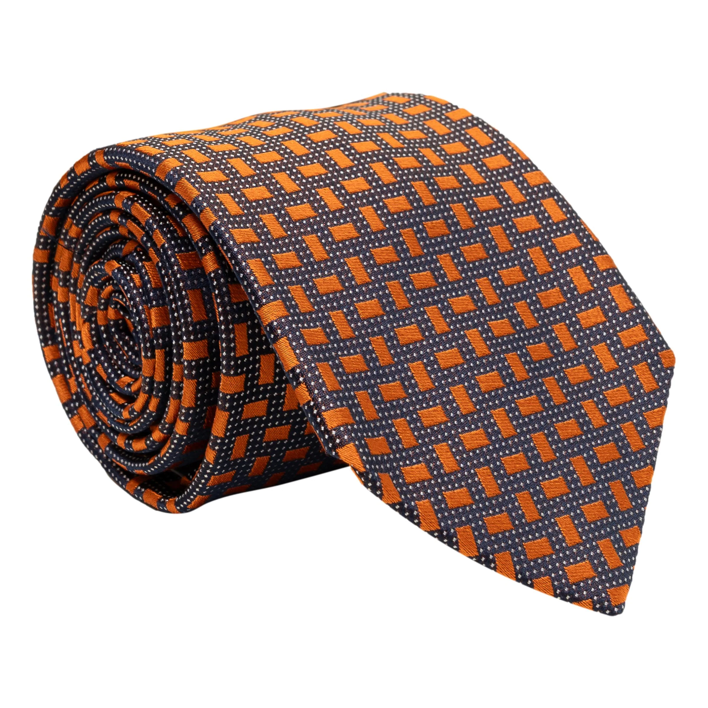 Navy with White Dots and Orange Rectangle Patterned Silk Tie