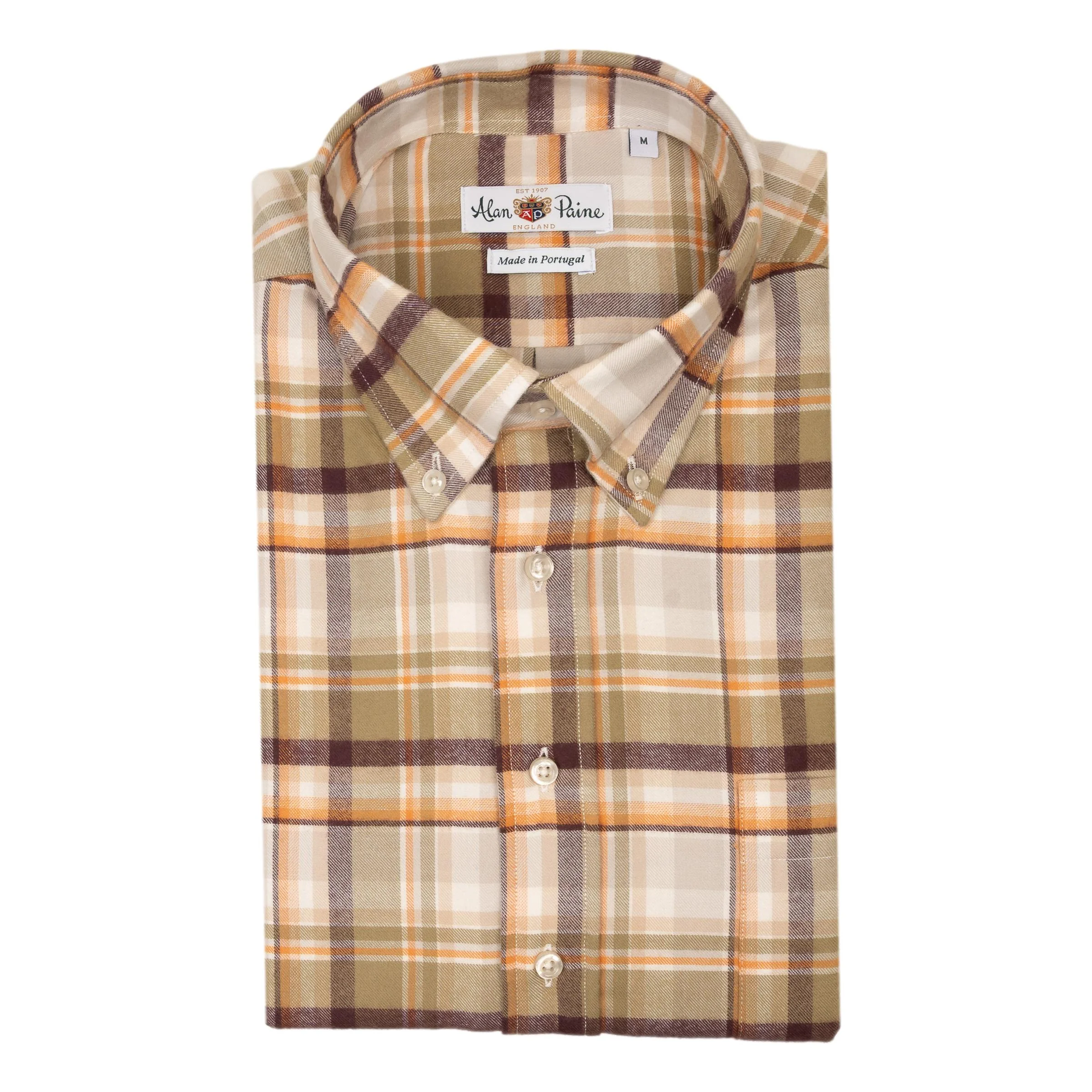 Light Olive and Peach Plaid Sport Shirt
