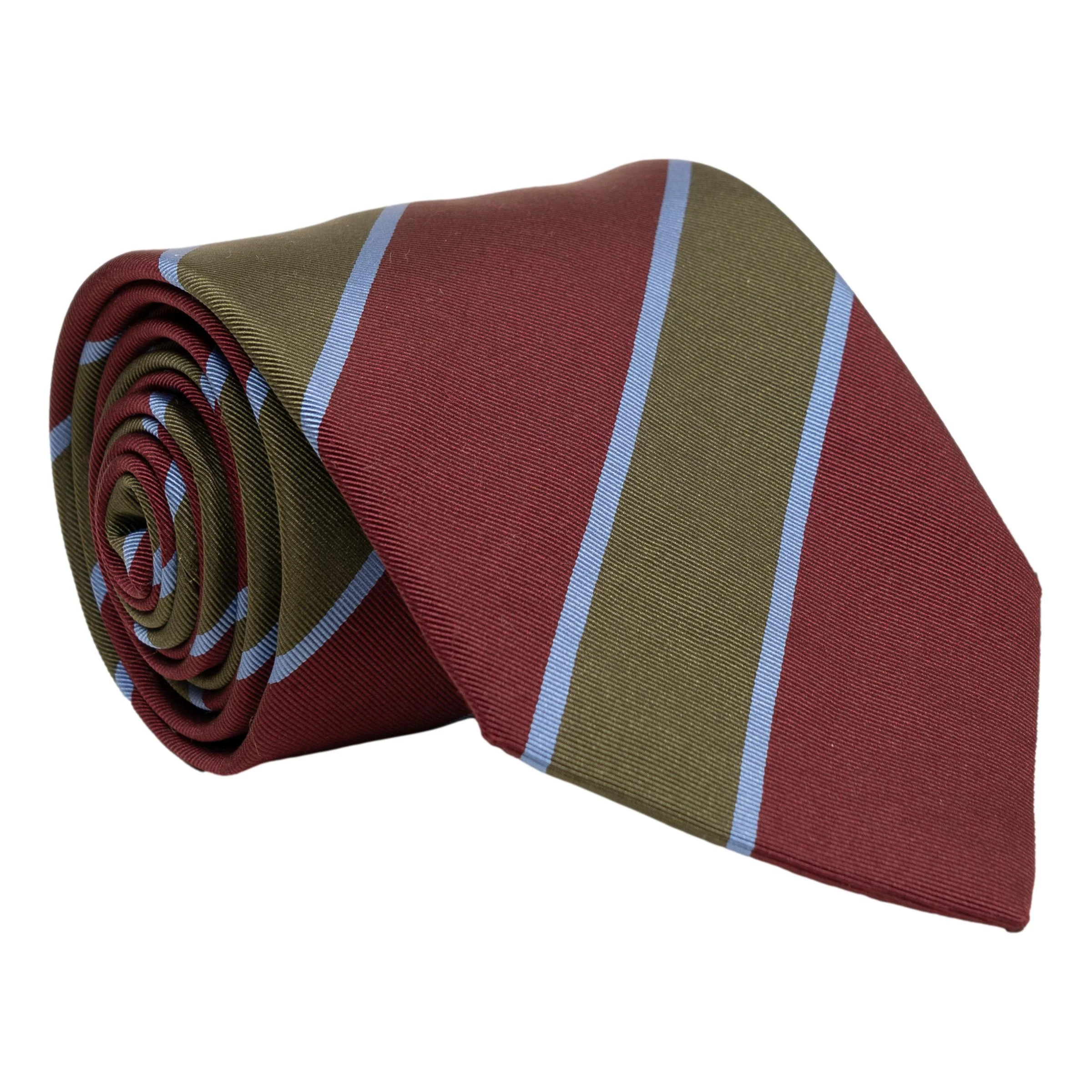 Olive, Burnt Red, and Light Blue Stripe Silk Tie