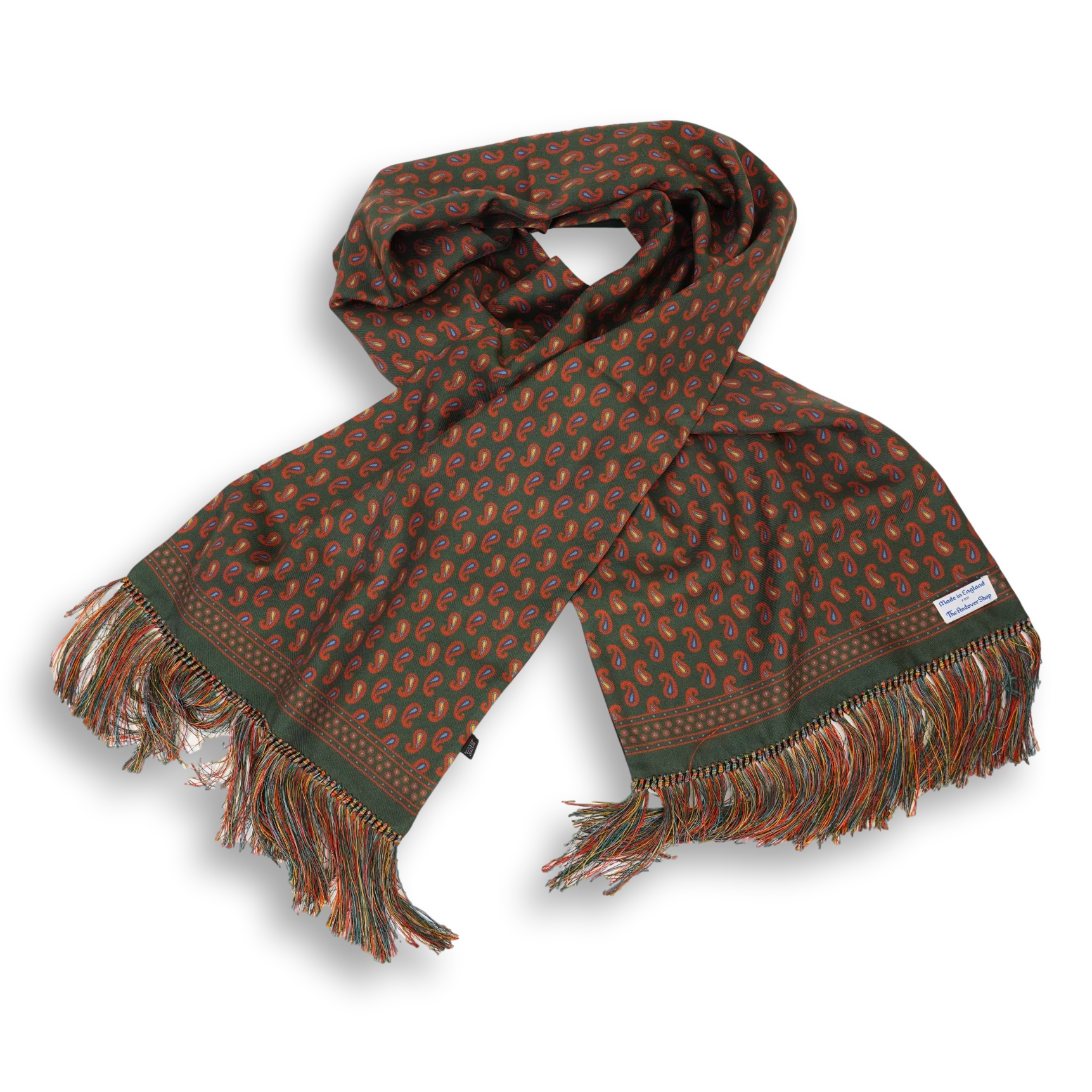 Olive with Multicolored Paisley Silk and Wool Blend Scarf