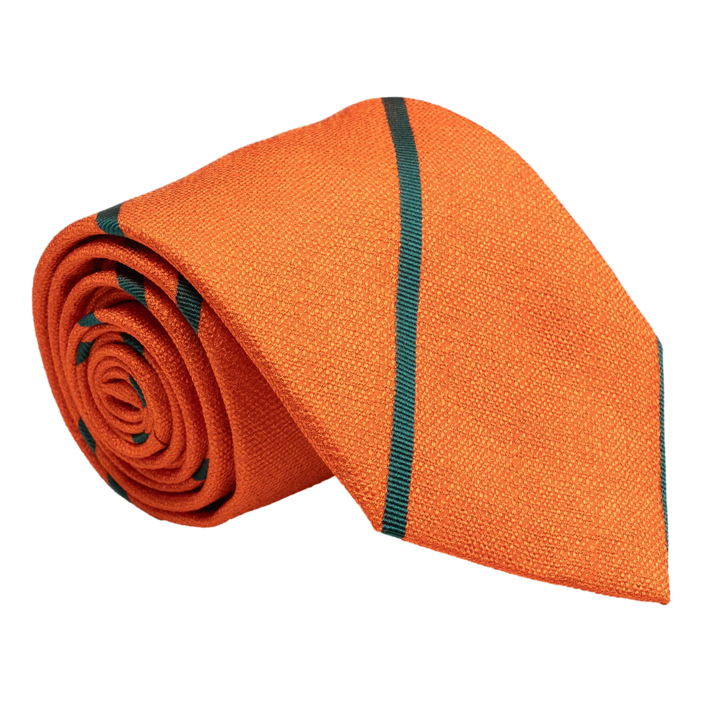 Orange and Forest Green Repp Stripe Silk and Linen Tie