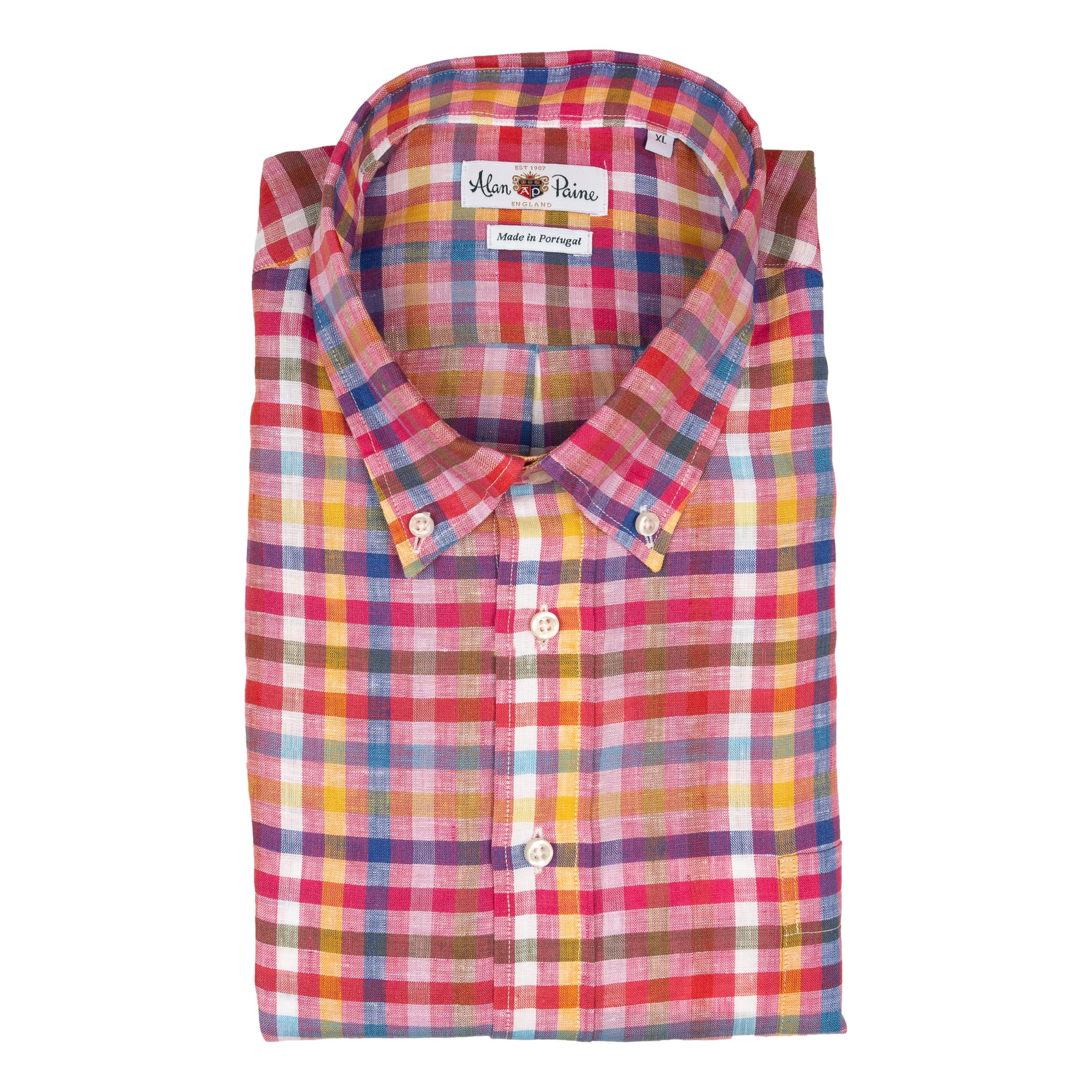 Raspberry, Yellow, Blue and White Check Linen Button Down Sport Shirt