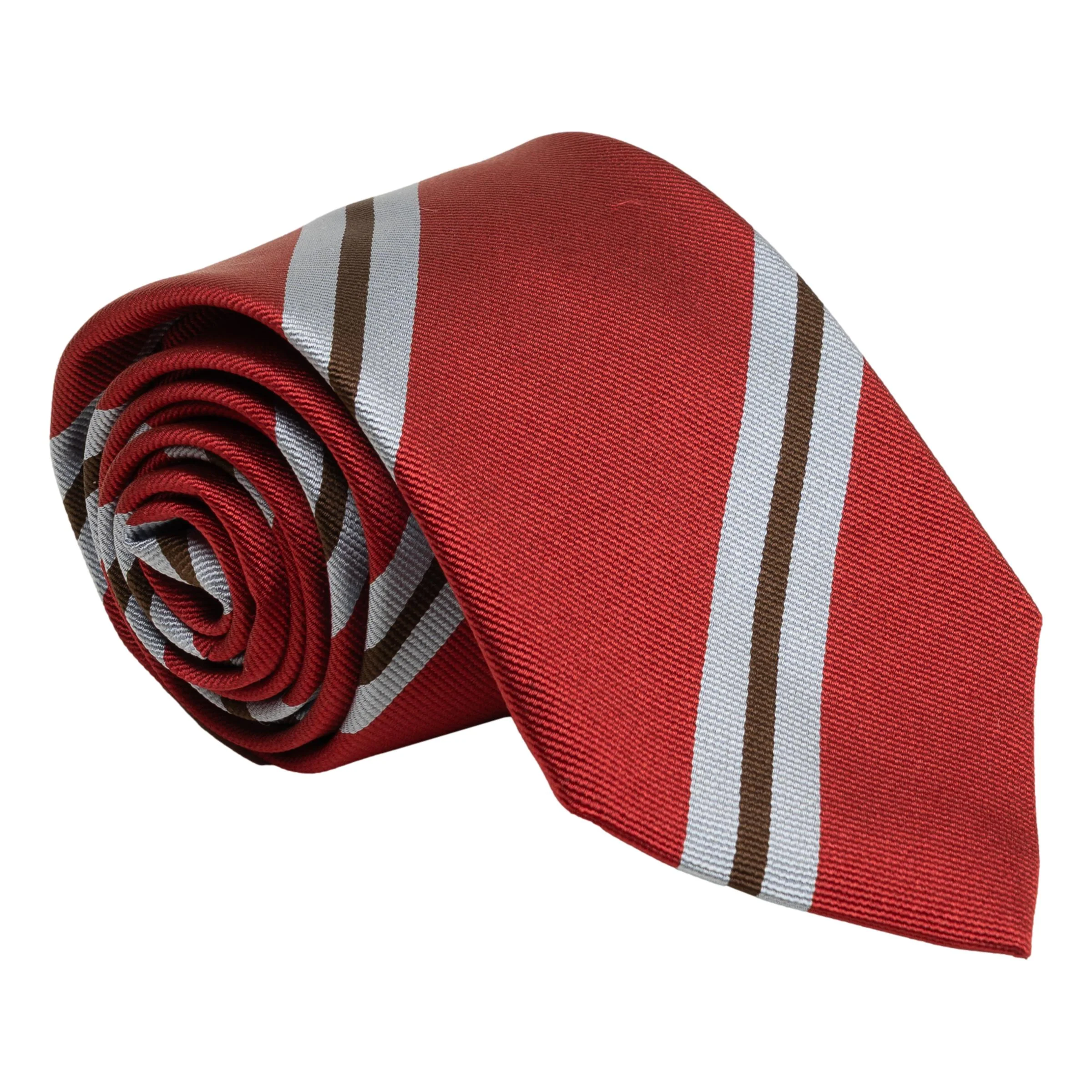 Red with Brown and Light Blue Repp Stripe Silk Tie