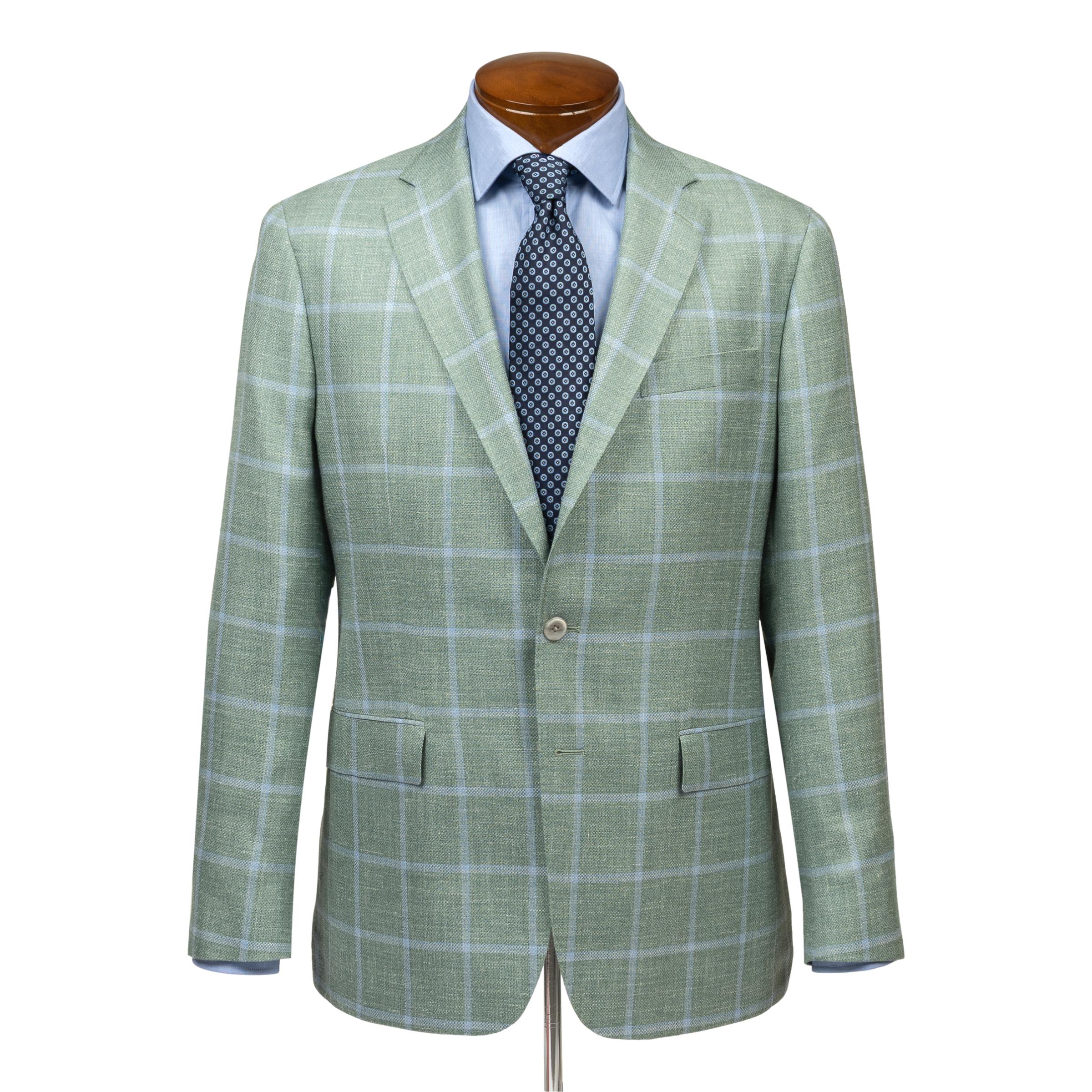 Seafoam and Light Blue Windowpane Wool, Silk, and Linen Sport Coat