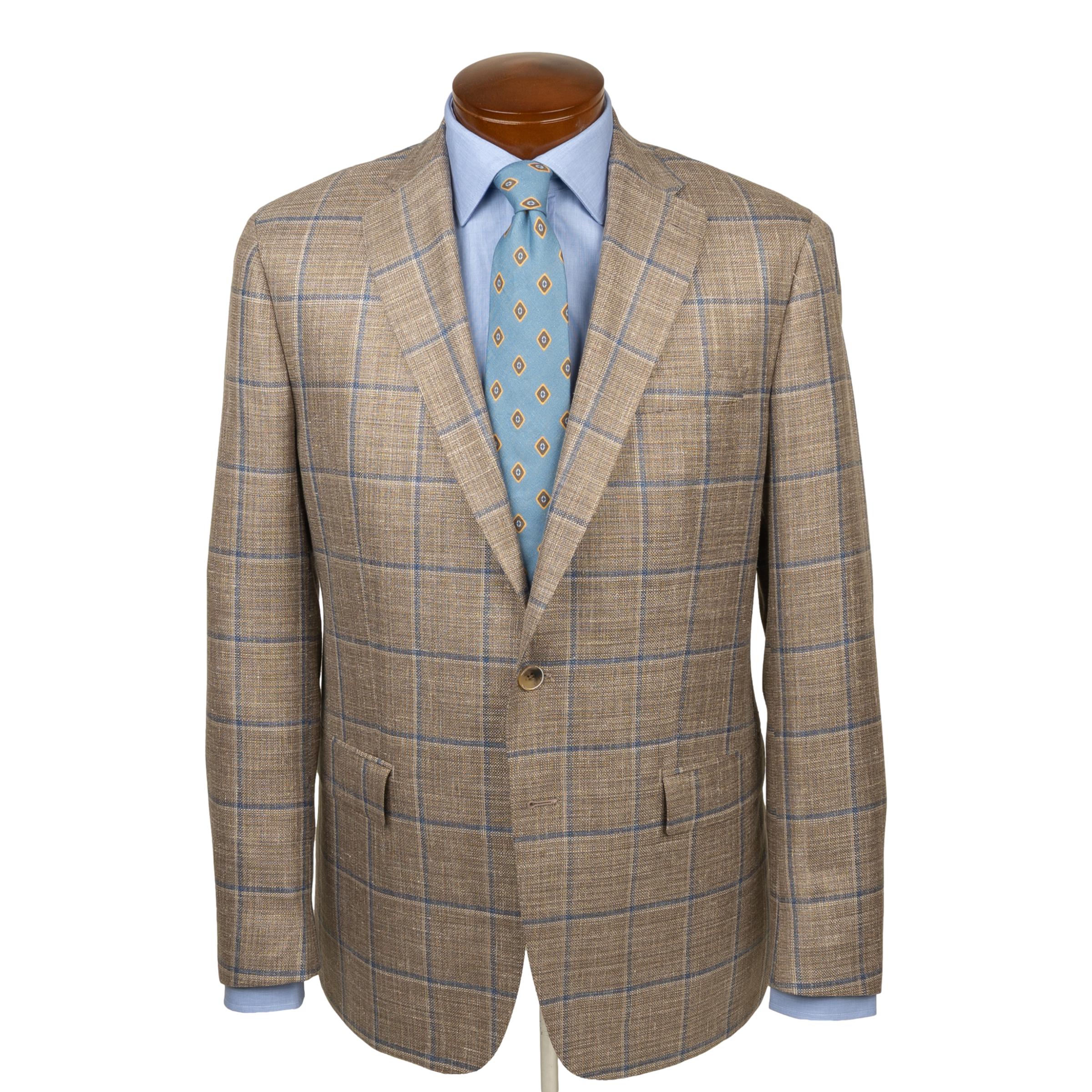 Stone with Mariner Blue Windowpane Wool, Silk, and Linen Sport Coat