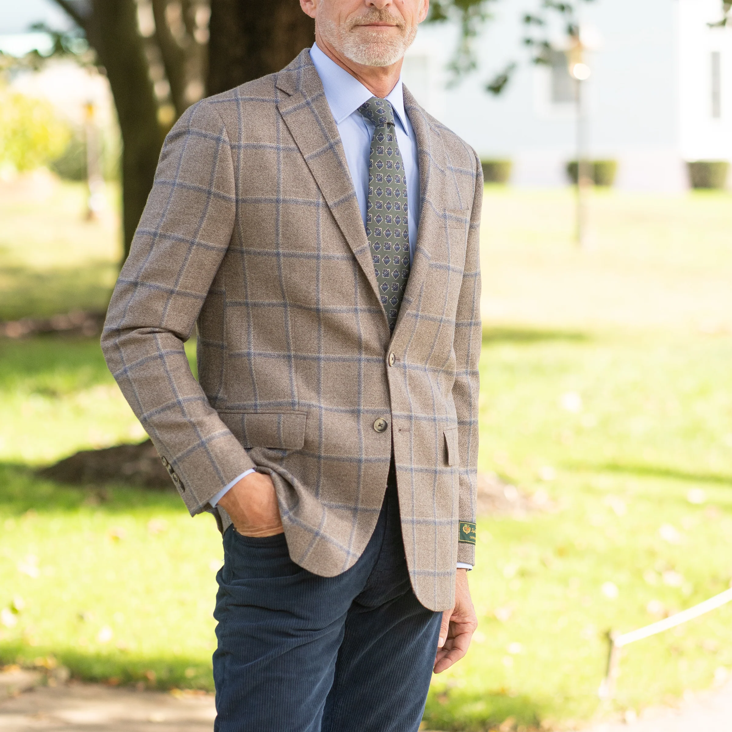 Taupe with Blue Windowpane Wool and Silk Sport Coat - Image 3