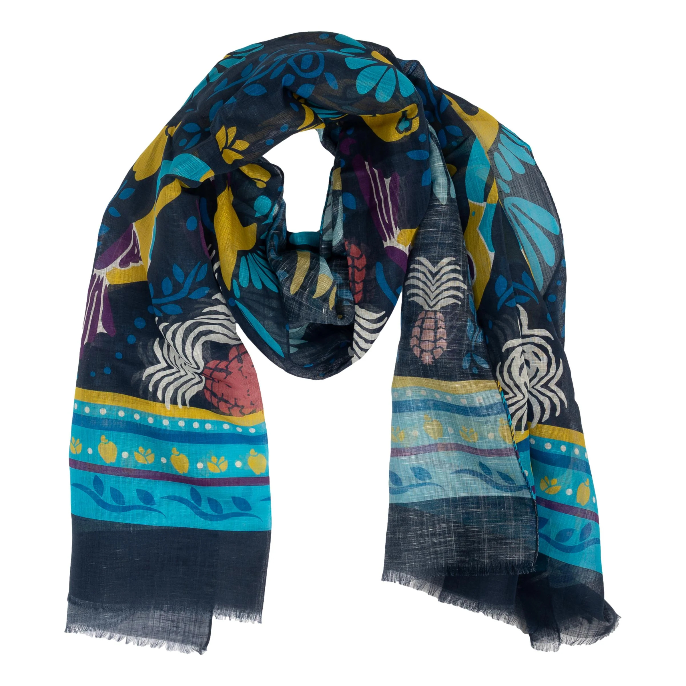 Tropical Birds Cotton and Linen Blend Scarf