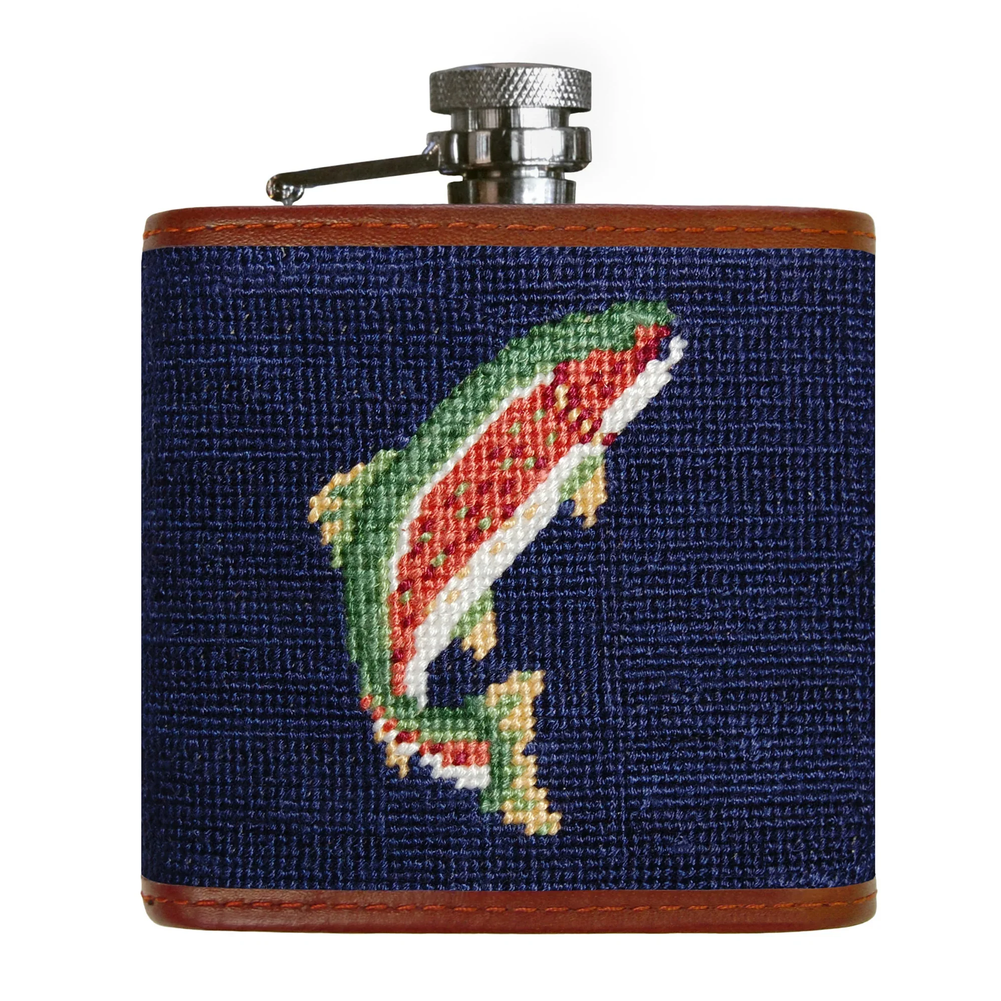 Trout and Fly Needlepoint Flask