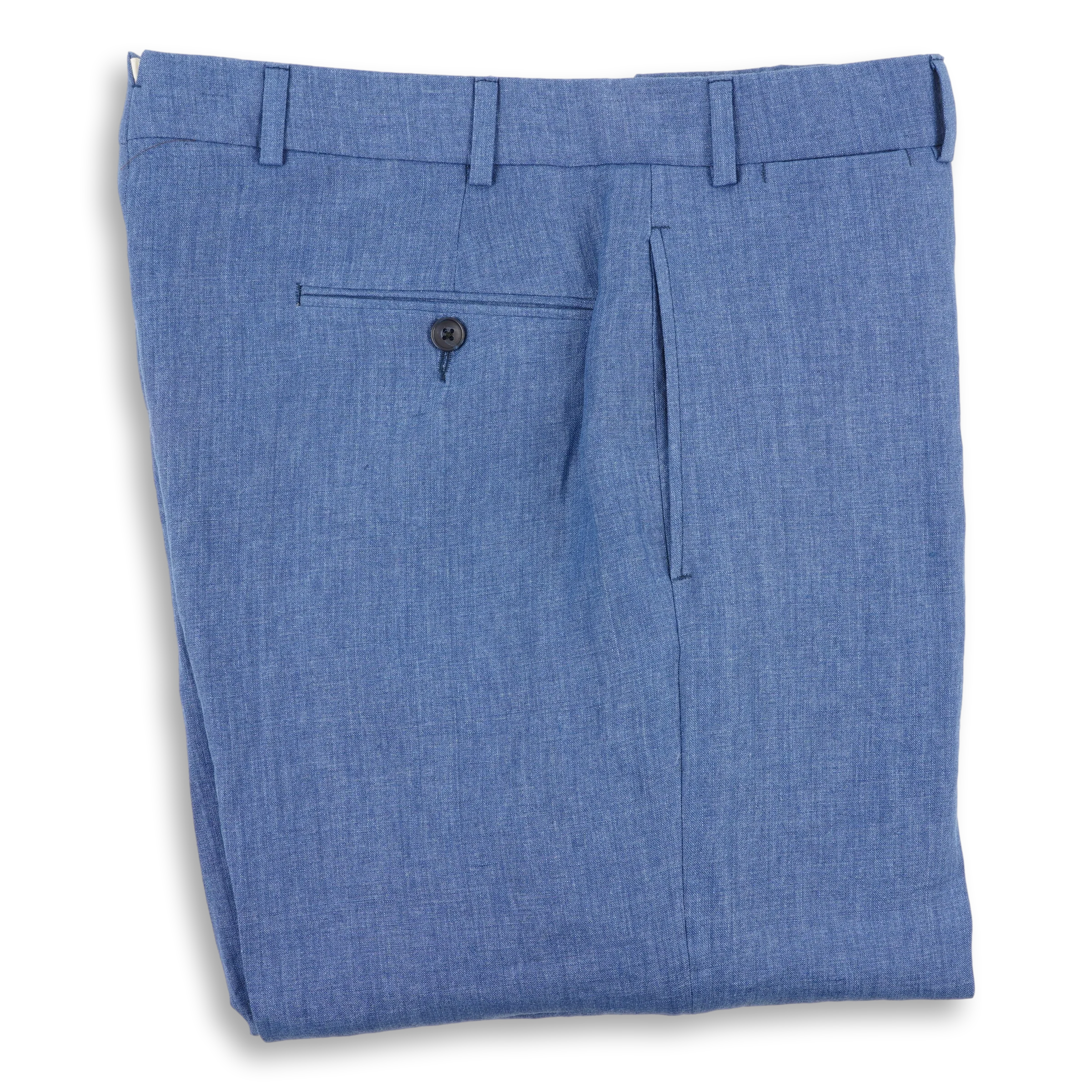 Washed Denim Blue Plain Front Linen Trousers