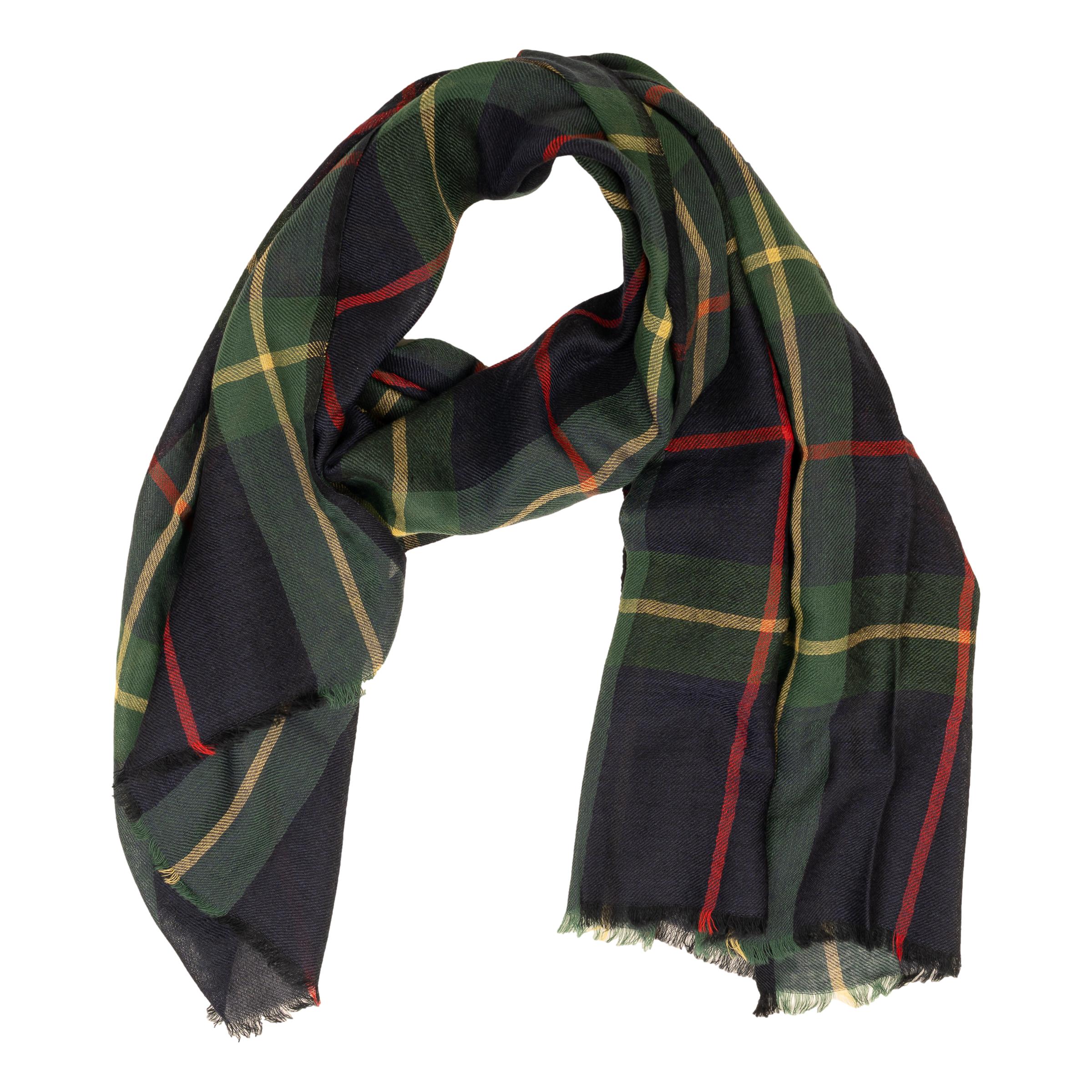 Woven Navy and Green Tartan Wool Scarf