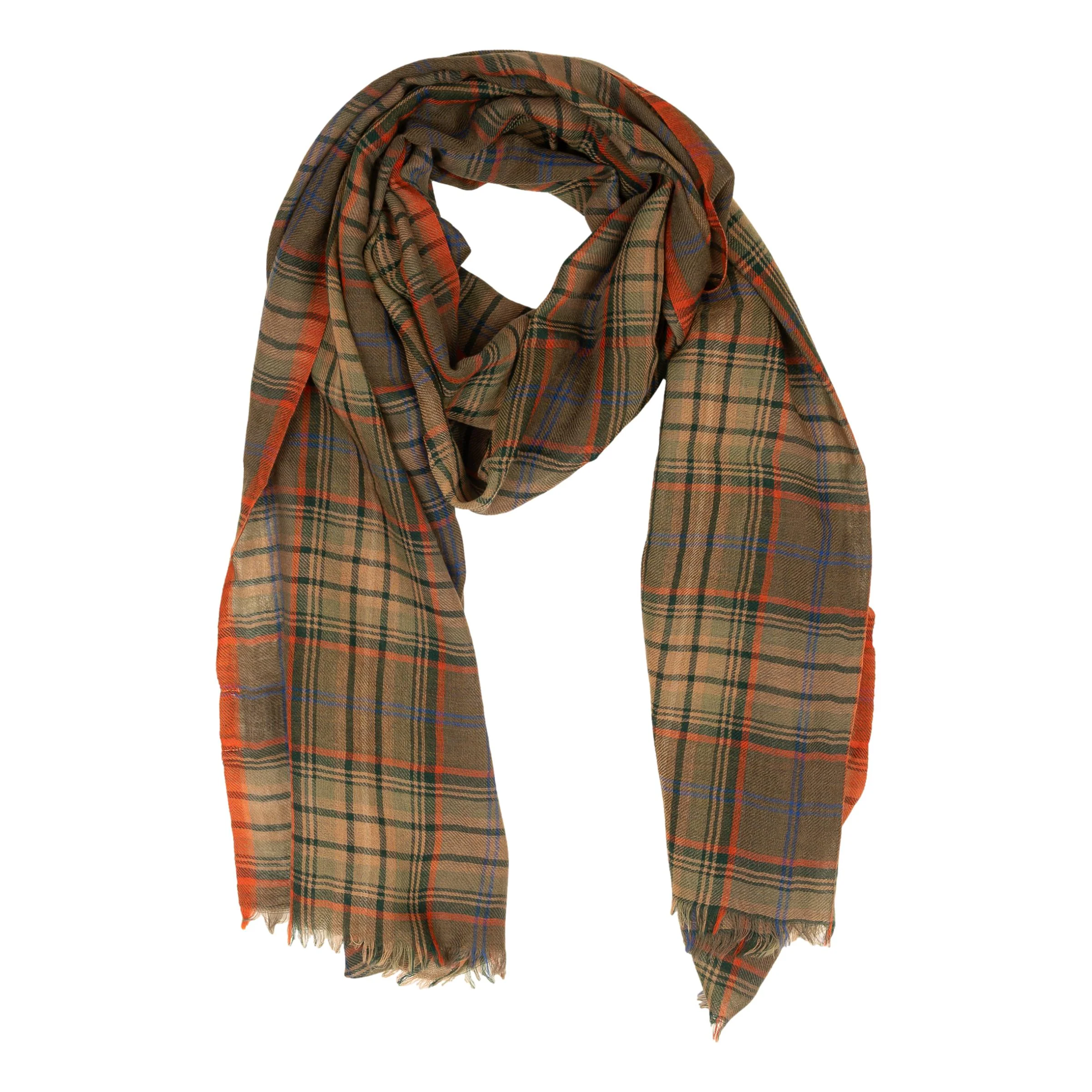 Woven Olive and Red Tartan Wool Scarf